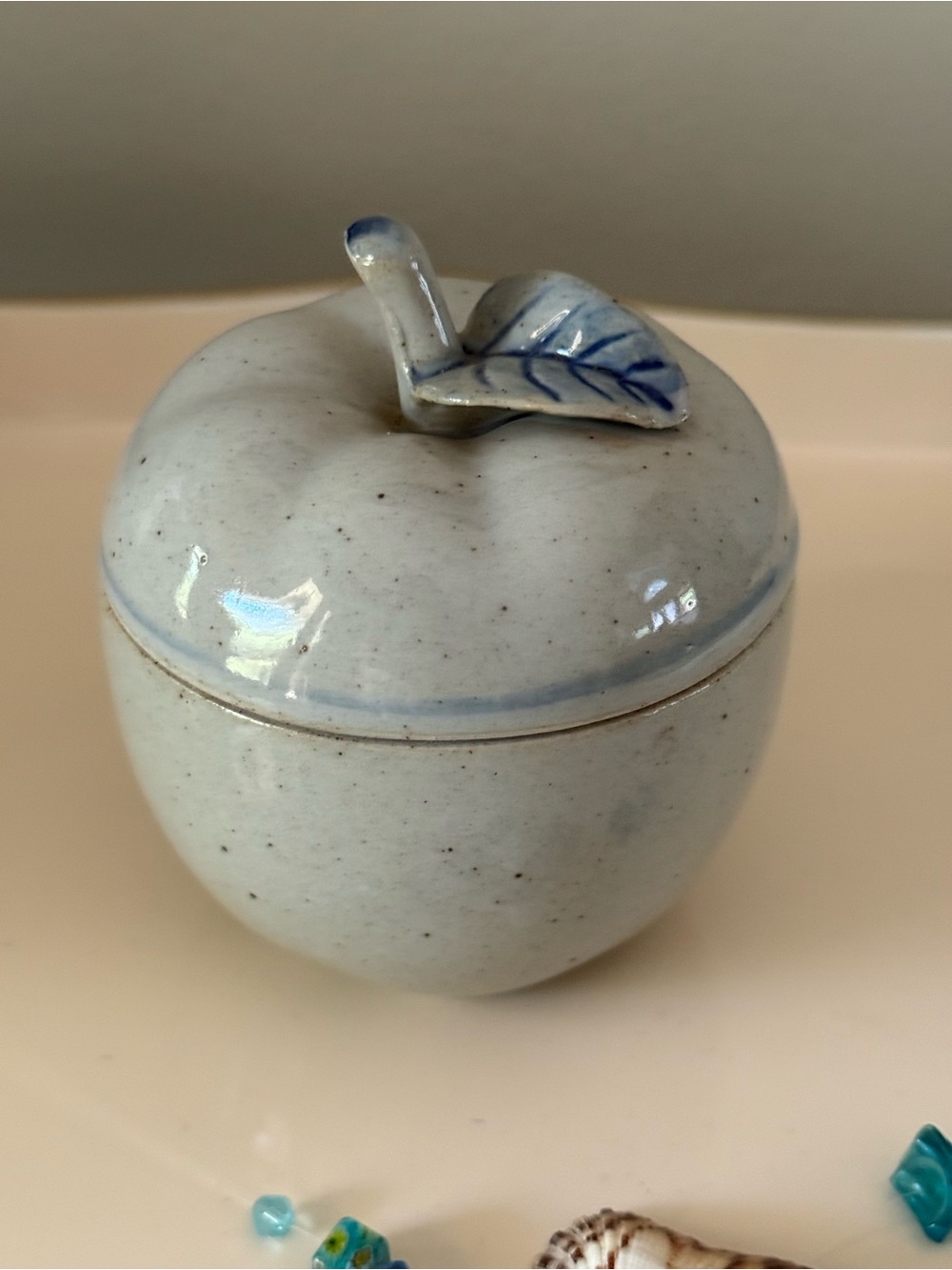 Pottery Apple Trinket Box in Speckled with Blue Leaf